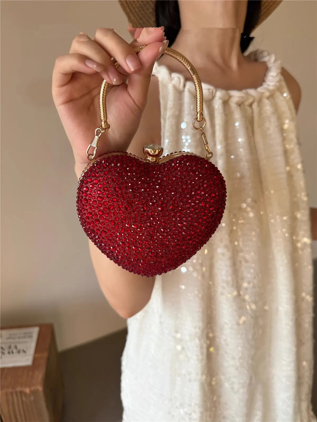 Luxury Diamond Inlay Heart Shape Crystal Clutch Purse Stones Evening Wedding Party Shoulder Bags Handle Rhinestone Mini Handbags