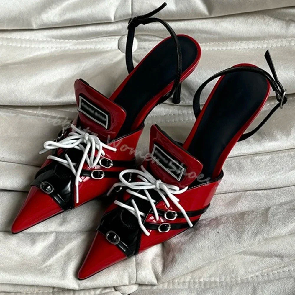 Mixed Color Pumps Lace-Up Pointed Toe Thin Heels Genuine Leather Slip-On Novelty Fashion Concise Sexy Party Women Shoes Newest