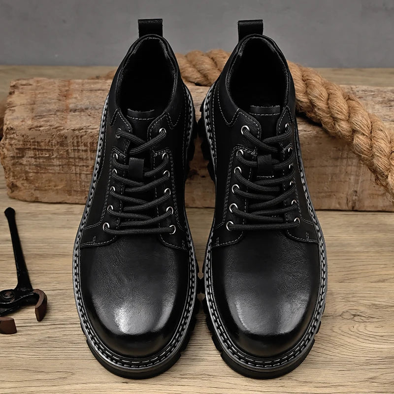 New Genuine Leather Men Boots Cow Leather Upper Durable Sole Lace up Autumn Winter Boots  Daily Leisure Outdoor Shoes For Man