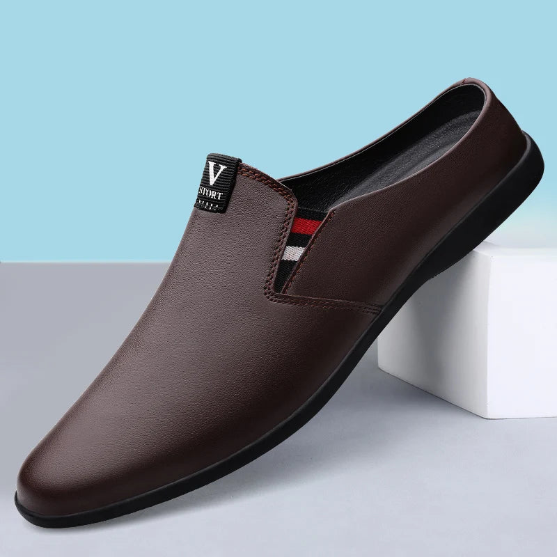 Men's Leather Black Half Leather Shoes Fashion Non-slip Half Trailer Men Sandals Moccasin Breathable Soft Flats Men Driving Shoe