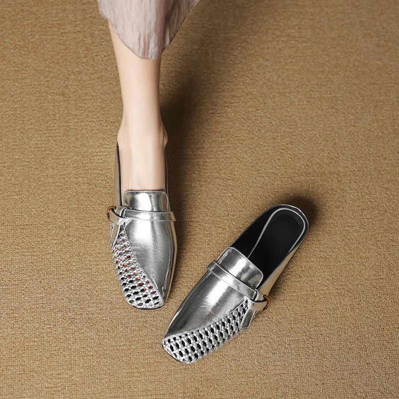 Dilalula 2025 Genuine Leather Hollow Women Mules Covered Toe Low Thick Heels Casual Slippers Ladies Summer Walk Belt Mesh Slides
