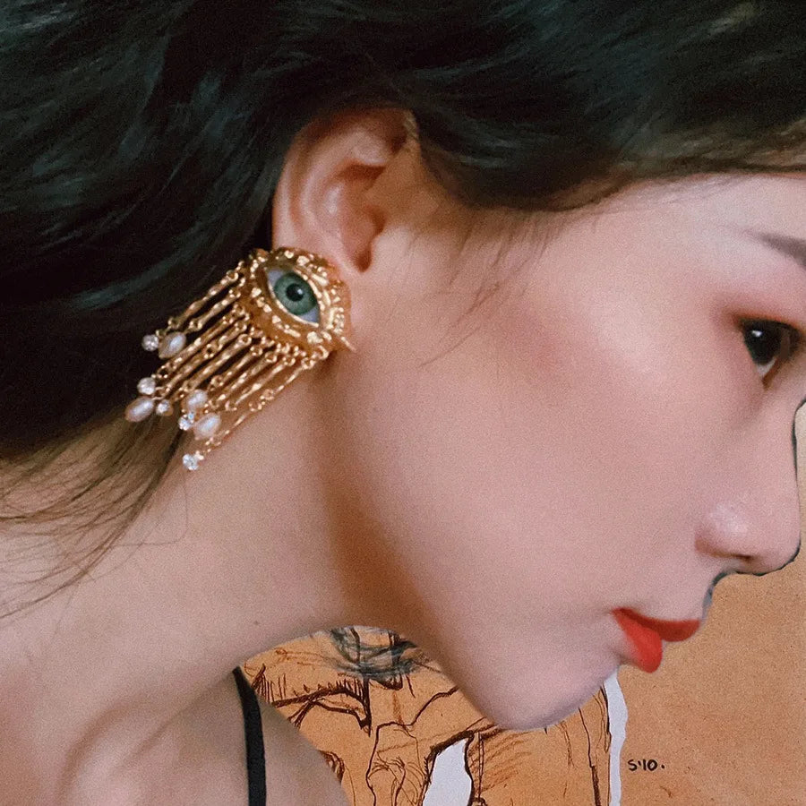 French Retro Exaggerated Eye Sparkling Crystal Pearl Tassel Earrings Design Luxury Earring Trend