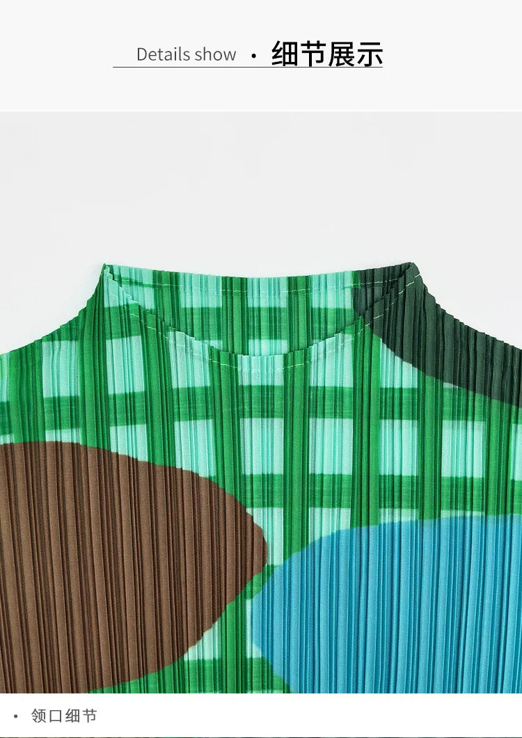 Miyake Elegant Green Plaid Color Block Print Pleated Top Mock Neck Half Sleeve Elastic Tee Daily Commute Office