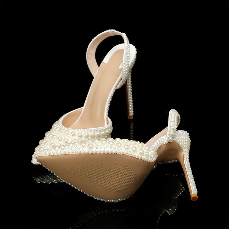 Luxury Handmade Full Pearls Wedding Women Pumps Elegant Pointed toe Slingbacks high heels Fashion Summer Party Bridal Shoes