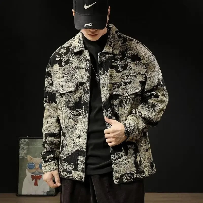 Retro Camouflage Loose Men's Jacket Long Sleeve Embroidered Denim Coat Fashionable Trendy Outerwear Comfortable Fit Male Coat