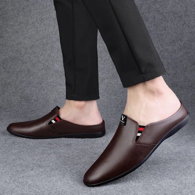 Men's Leather Black Half Leather Shoes Fashion Non-slip Half Trailer Men Sandals Moccasin Breathable Soft Flats Men Driving Shoe