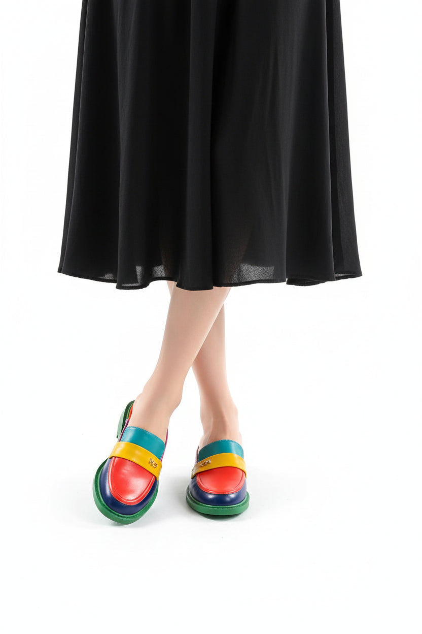 Spring Summer 2026 New Genuine Leather Slippers Women Mixed Color Covered Toe Fashion Mules Ladies Low Heels Slippers
