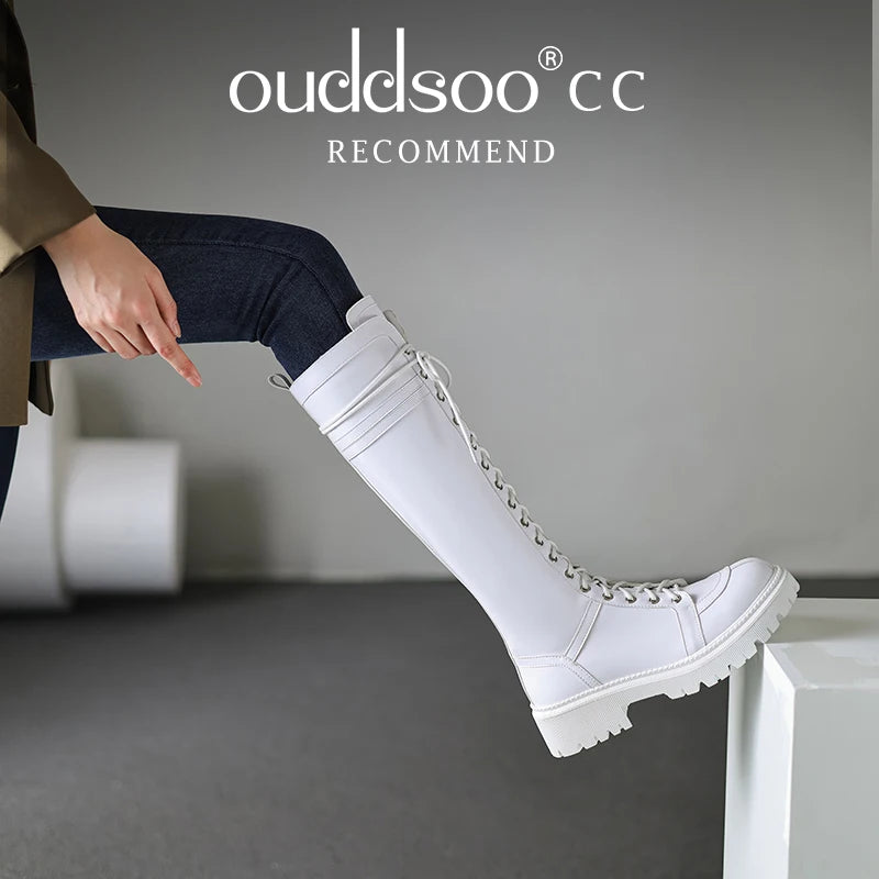 Ods Genuine Leather Women's High Knee Boots Winter Shoes Sexy Lace Up Black White Low Heels Party Shoes Girls Large Size 414243