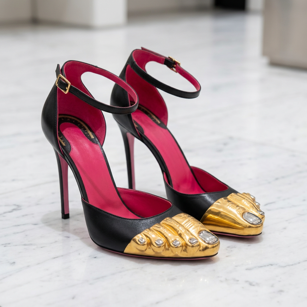 Black Strappy Gold Round Toe Five-Finger Sandals Girl Stiletto Ankle Straps Summer Suede Hollow Heels Catwalk Street Style Shoes