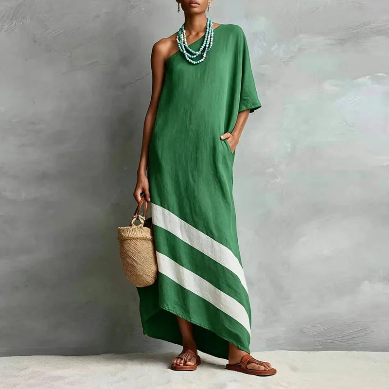 New Women One Shoulder Maxi Dress Short Batwing Sleeve Diagonal Stripe Print Asymmetric Hem Autumn Loose Boho Beach Travel Dress