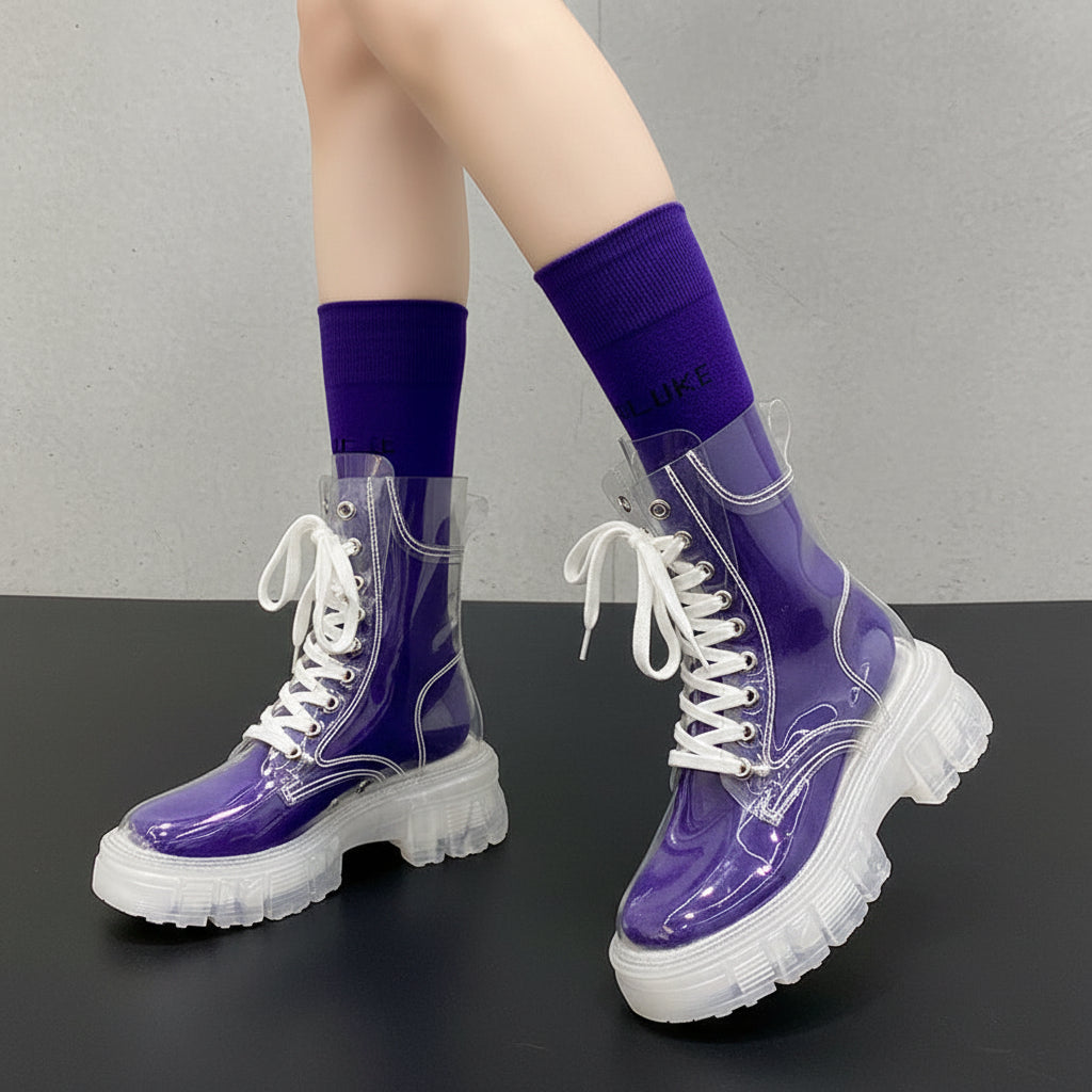 Waterproof Lace-up Platform Clear Booties Fashion Round Toe Non-Slip Block Heel Shoes for Women, shoes for Flood and rain, Rainy Fashion
