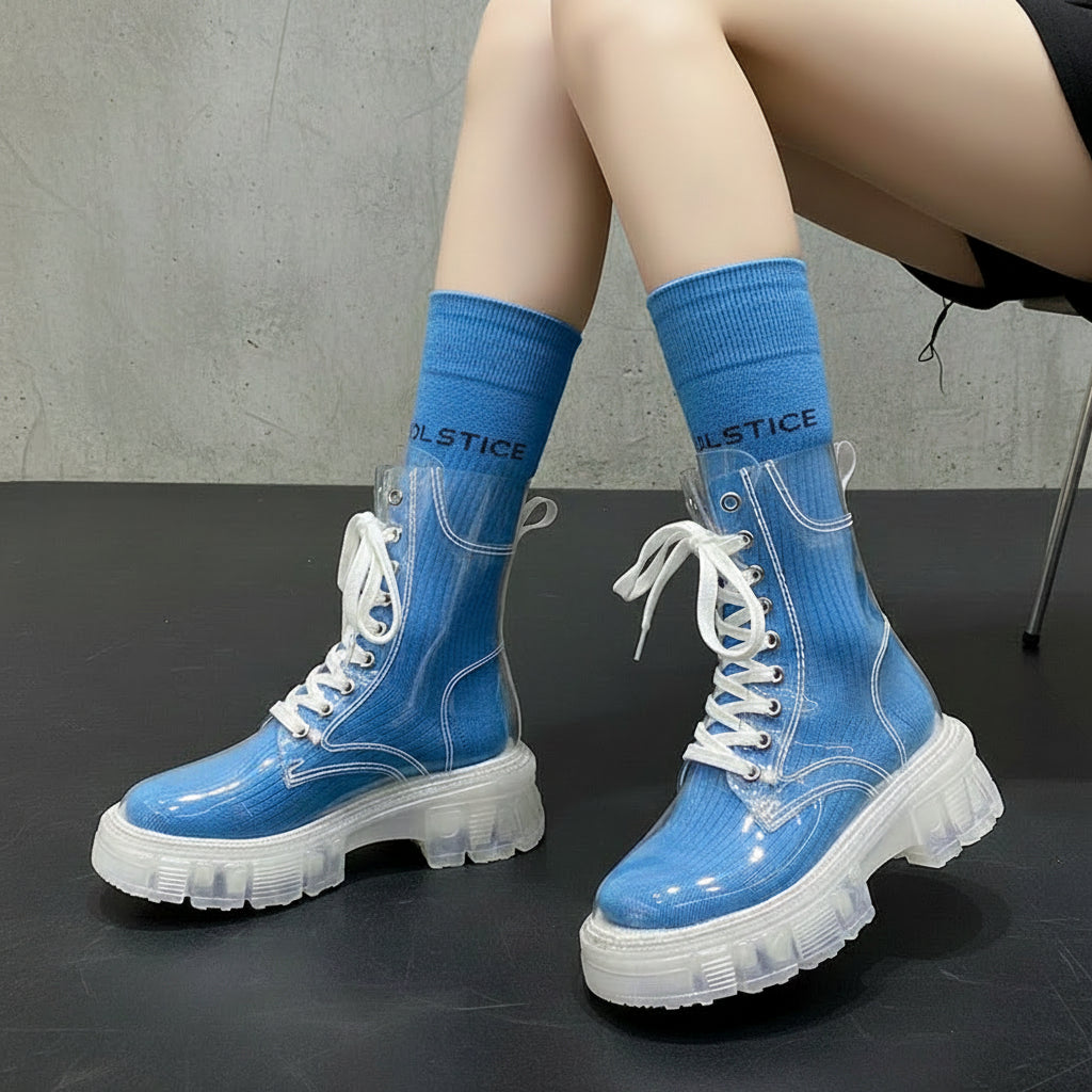 Waterproof Lace-up Platform Clear Booties Fashion Round Toe Non-Slip Block Heel Shoes for Women, shoes for Flood and rain, Rainy Fashion