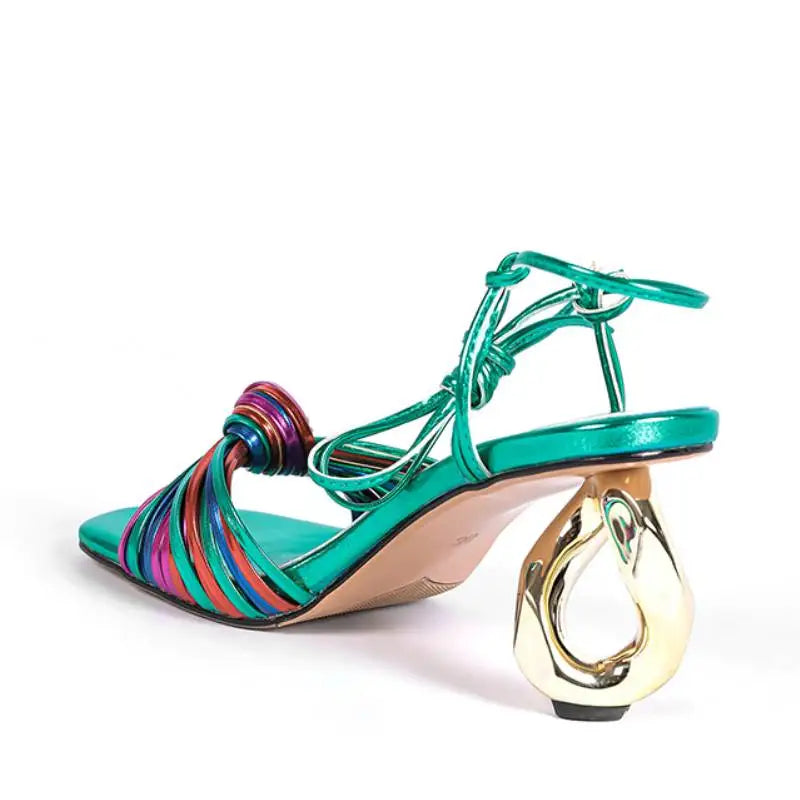 French Style Colorful Narrow Band Sandals Women High Strange Heels Ankle Wrap Party Wedding Sandals Ladies Dress