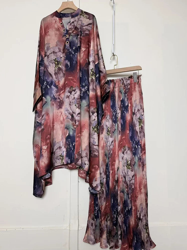 Retro geometric print V-neck pullover irregular dress 2026 autumn women's clothing+loose plus wide leg pants fashion set