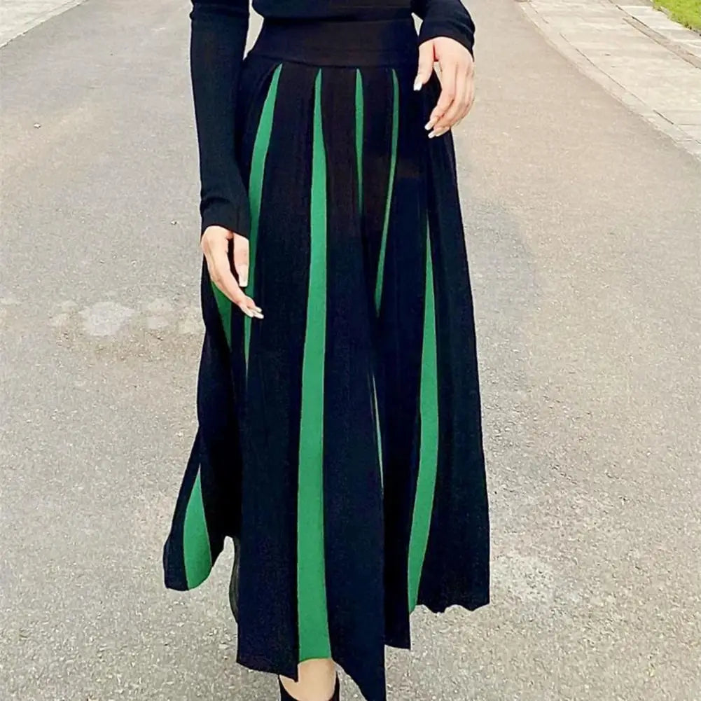 Women Midi Skirt High Waist Patchwork Color Pleated Skirt Ladies Autumn Knitting Skirt Women Versatile Comfortable Daily Wear
