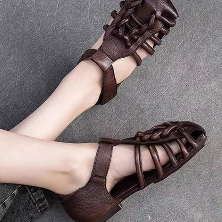 Genuine Leather Sandals Women Handmade Woven Literary Style Hollow Flat Roman Sandals Ladies Summer Shoes Sandalias