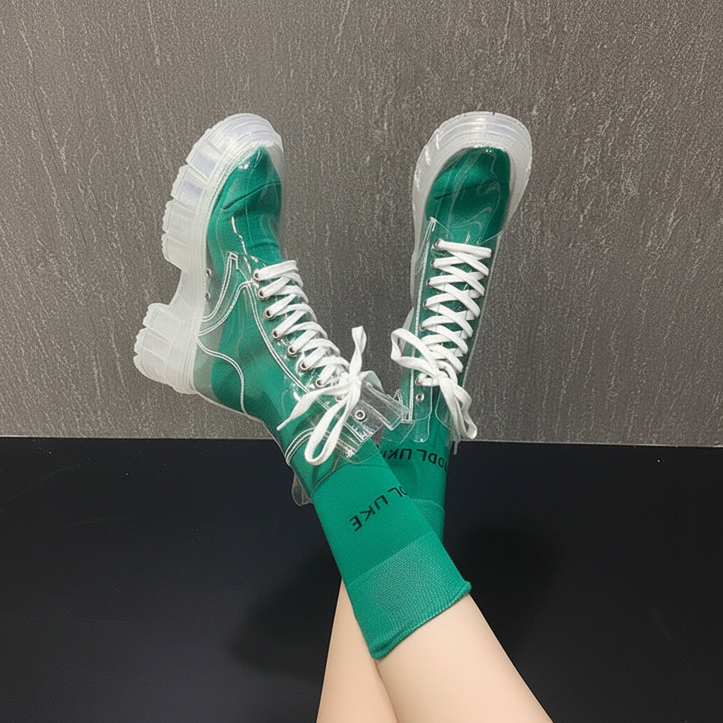 Waterproof Lace-up Platform Clear Booties Fashion Round Toe Non-Slip Block Heel Shoes for Women, shoes for Flood and rain, Rainy Fashion