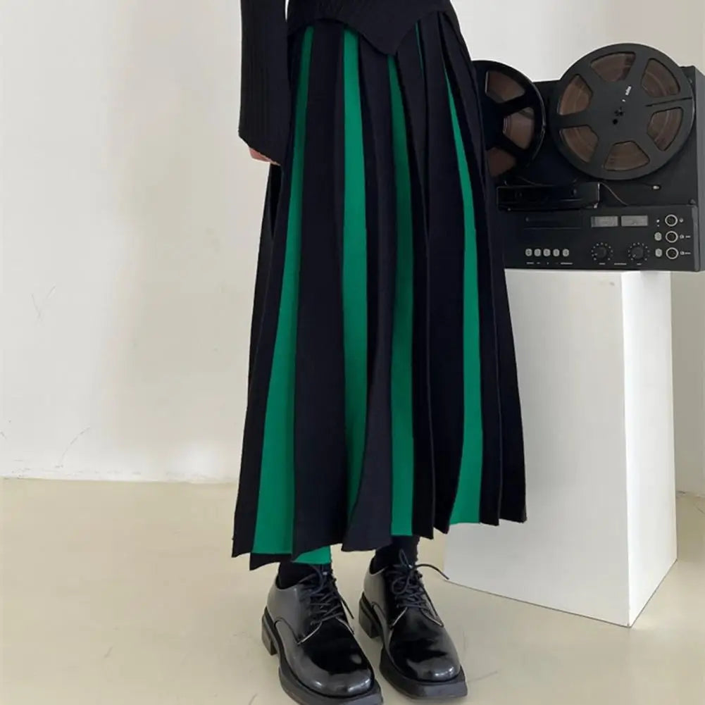 Women Midi Skirt High Waist Patchwork Color Pleated Skirt Ladies Autumn Knitting Skirt Women Versatile Comfortable Daily Wear