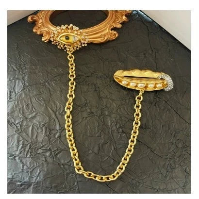 Devil's Eye Pea Pearl Double Chain Brooch 18K