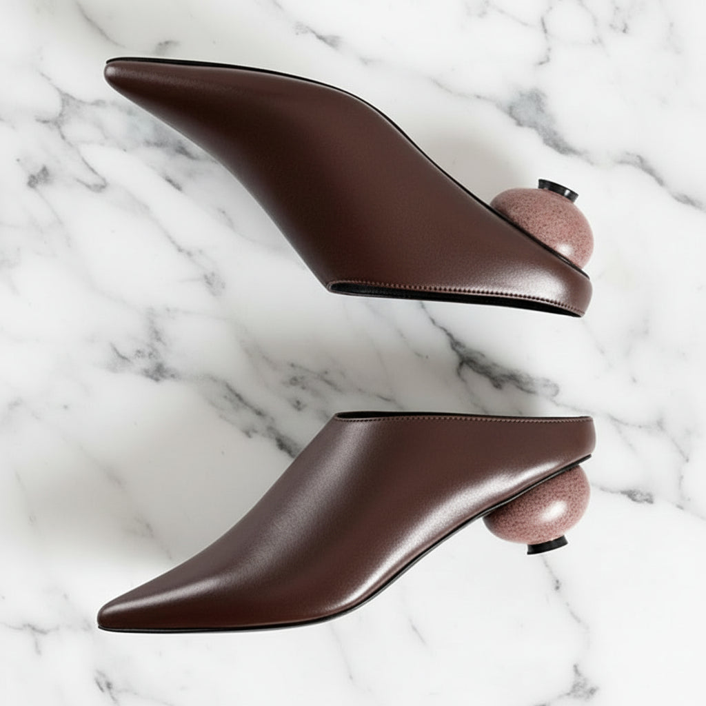 Genuine Leather Mules Women Pointed Covered Toe Med Ball Shape Heel Office Ladies Slippers Strange Heel