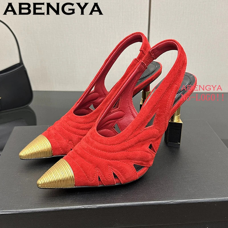 Fashion Strange High Heels Sandals Women Metal Pointy Toe Suede Slingbacks Pumps Summer Sexy Party Wedding Brides Shoes Female