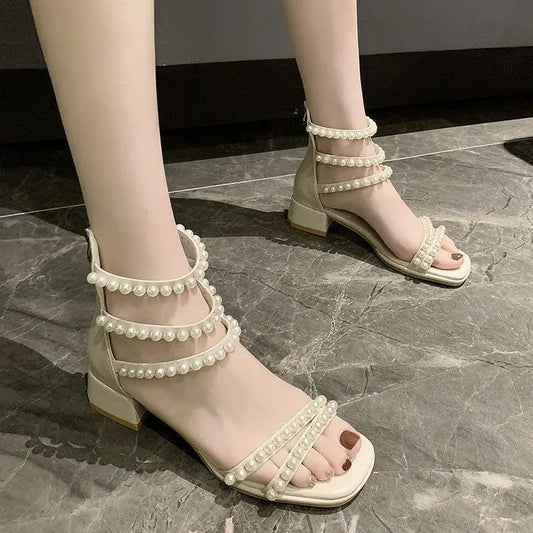 Pearl with Medium Heels Summer 2025 Women's Shoes Sandals for Woman Square Footwear Black Comfort Anti Slip Hot Vip The Best H F