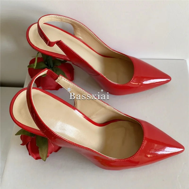 Unique Rose Flower Heel Women Pumps Genuine Leather Slingbacks Sexy Pointed Toe Dress Shoes For Girls