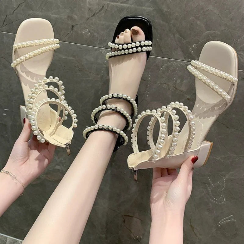 Pearl with Medium Heels Summer 2025 Women's Shoes Sandals for Woman Square Footwear Black Comfort Anti Slip Hot Vip The Best H F