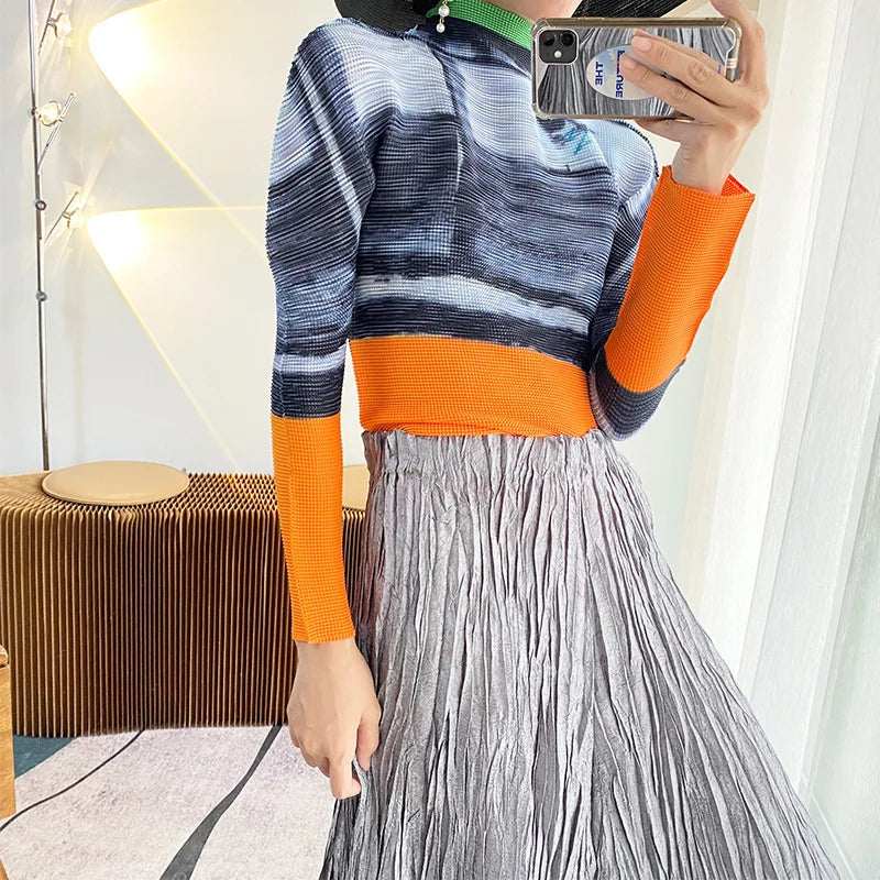 Miyake Pleated Contrasting Colors T-shirt Women Half Turtleneck Skinny Pullover 2025 Summer Fashion Female Clothing