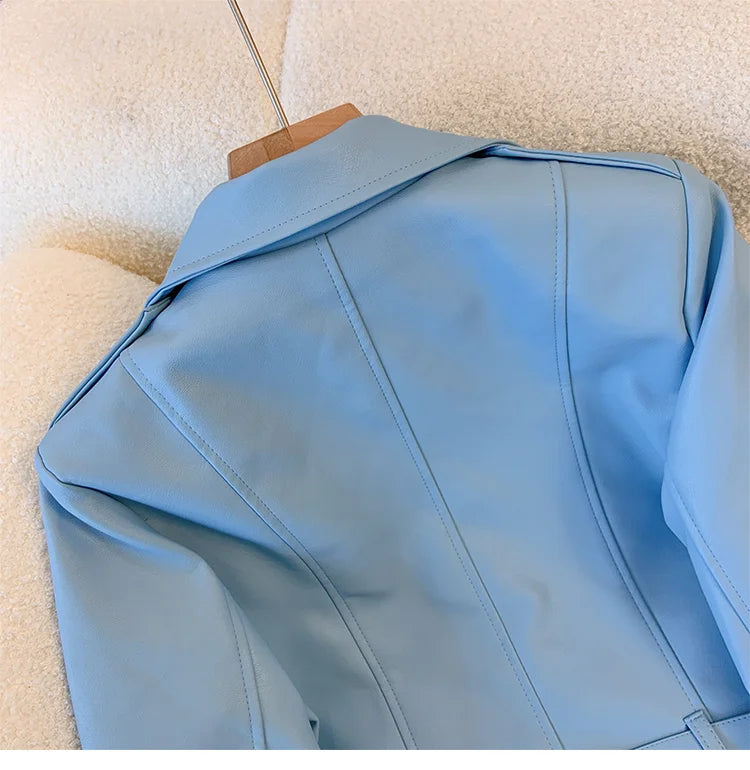 Blue PU leather jacket for women's spring autumn short Street style 2025 new retro motorcycle Leather Coat top