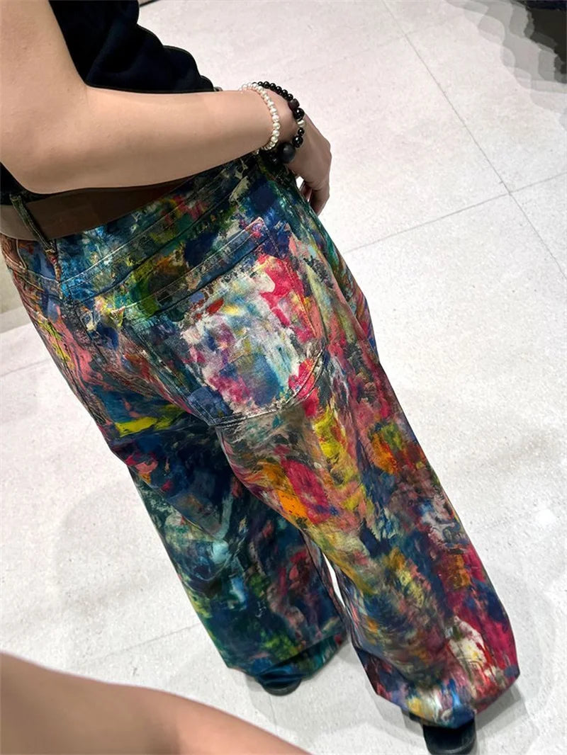 Limiguyue Spring Autumn Y2K 3D Print Jeans for Women Oil Paint Wide-Leg Long Streetwear Trousers American Splatter Runway 253A