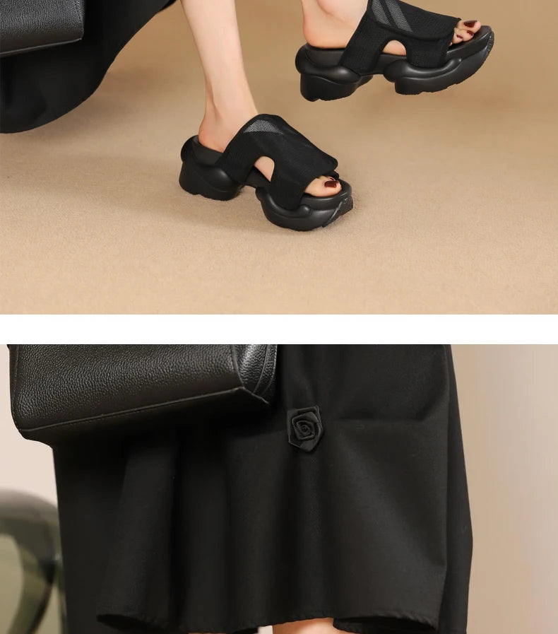 Ods Chic Women Real Genuine Leather Sandals Thick Sole Chunky Heels Goth Shoes Summer Ladies Flat Platform Sandal Punk Slide4142