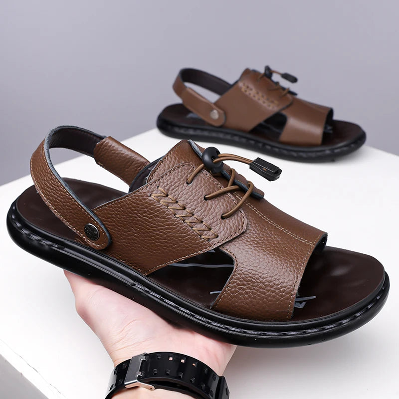 2026 Summer Fashionable Roman Style Comfortable Outdoor Soft Soled Leather Sandals New Men's Breathable and Non Slip Beach Shoes,