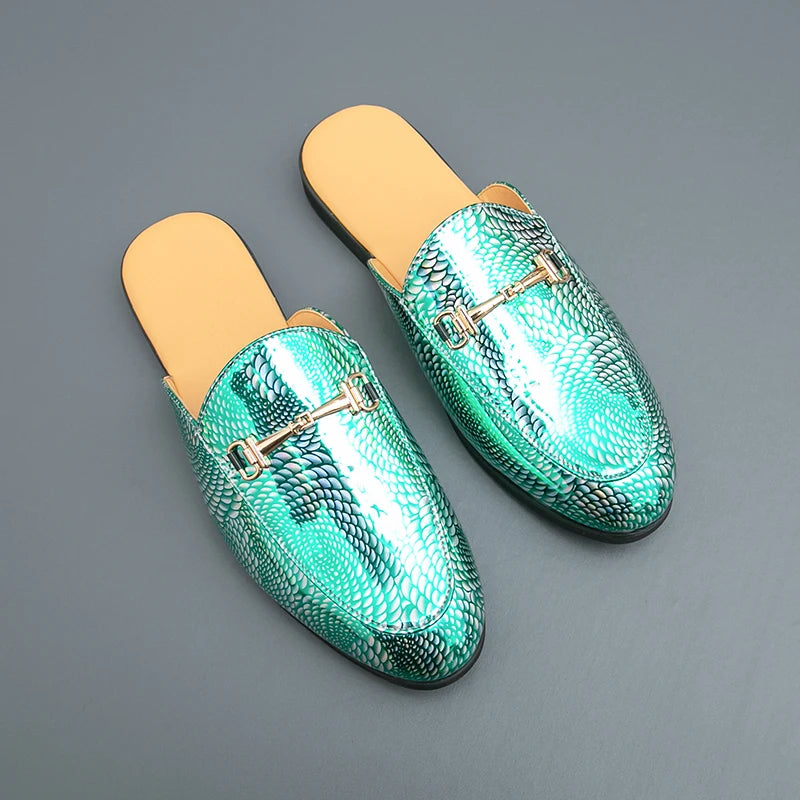 Fashion Brand Men's Cool Snake Skin Pattern Comfortable Half Back Leather Shoe Summer Men Breathable Bottom Casual Leather Shoes