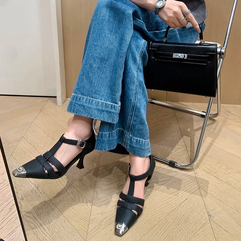 Elegant Genuine Leather Sandals Women T-Strap Metal Covered Toe Office Ladies Sandals Female Covered Back Sandals