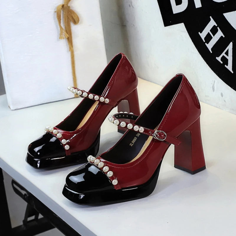Retro Style Color Block Square Toe Thick Heel High Heels Women's Waterproof Platform Pearl Mary Jane Shoes Casual Fashion