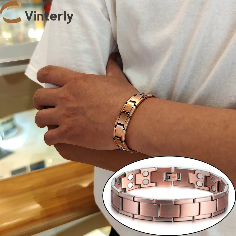 Vinterly Pure Copper Magnetic Therapy Bracelet Male 14mm Arthritis Wristband Magnet Vintage Chain Link Health Energy Jewelry