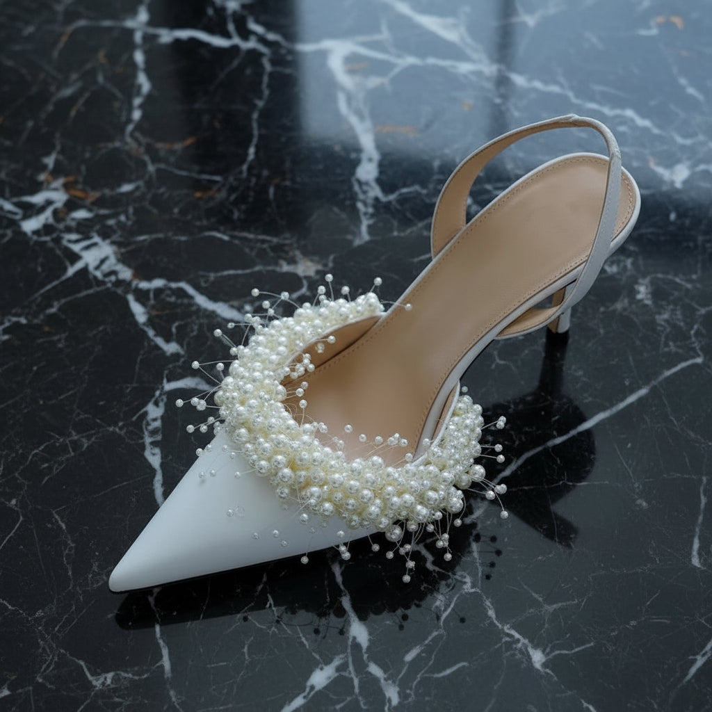 White Pearl Embellished Slingback Pumps Pointy Toe Satin Stiletto Heels Women's Pumps Bridal Wedding Slip On Party Shoes Elegant