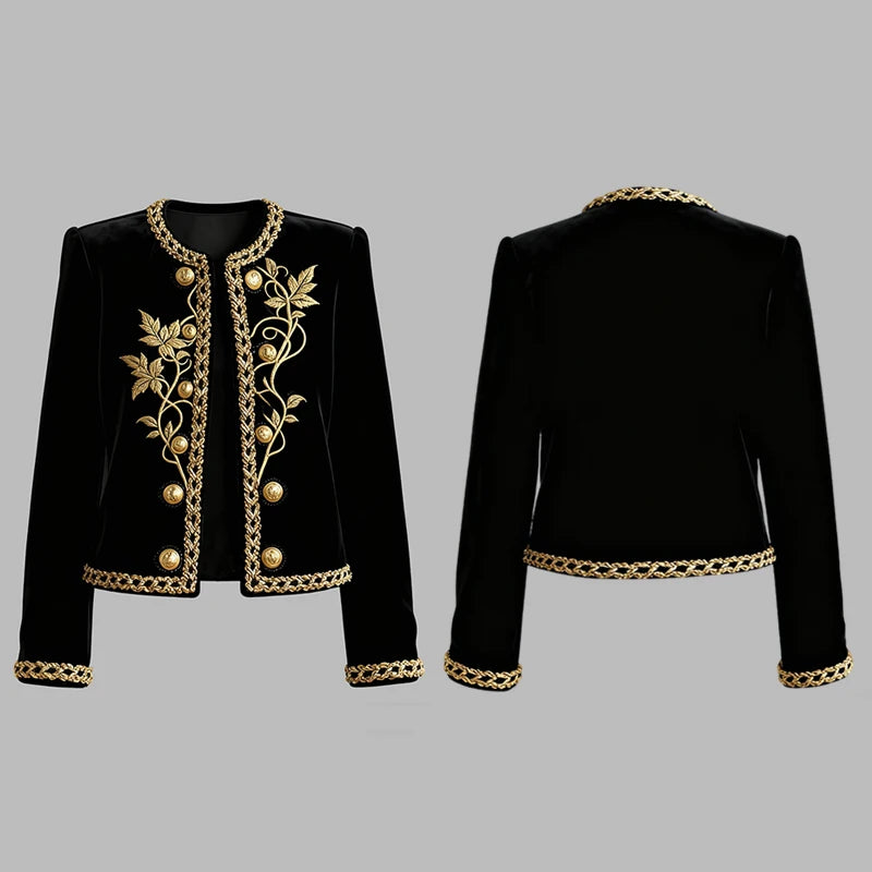 Modigirl Woman Gold Embroidered Jackets 2026 New Velvet Long Sleeve Round Neck Button Christmas Holiday Ladies Coat