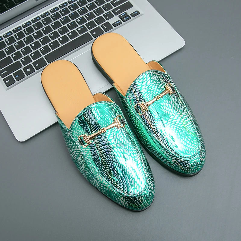 Fashion Brand Men's Cool Snake Skin Pattern Comfortable Half Back Leather Shoe Summer Men Breathable Bottom Casual Leather Shoes