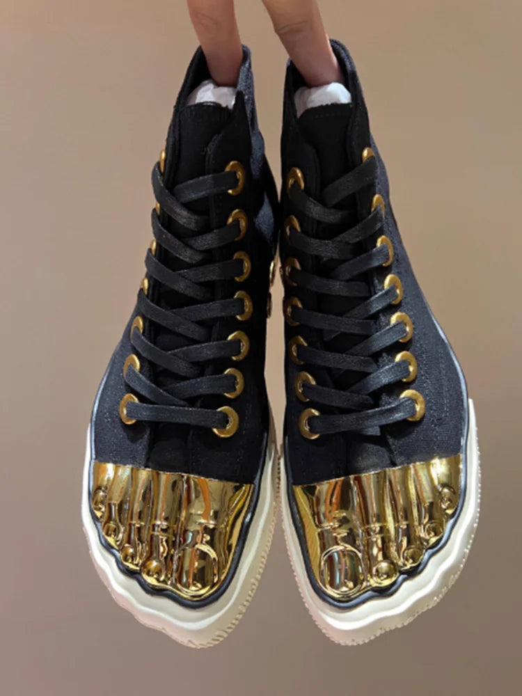 Men Women's High Top Canvas Sneakers Metallic Gold Toe Cap Lace-Up Casual Streetwear Shoes Comfortable Flat Platform Fashionable