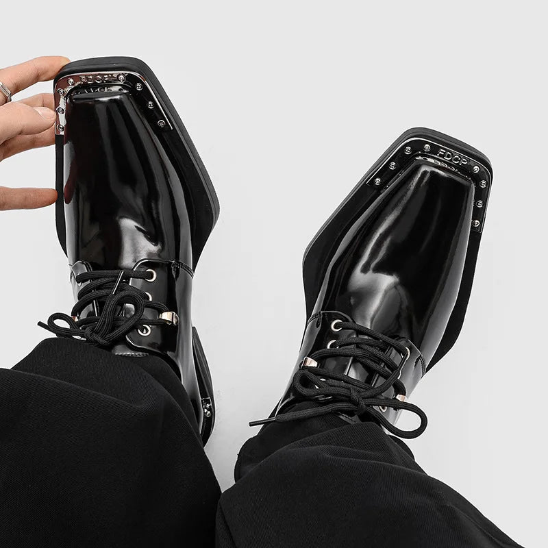 Metal Square Toe Derby Shoes Fashionable Thick Soled Lace Up Design Upturned Toe Thick Heel Trendy Men's Casual Leather Shoes