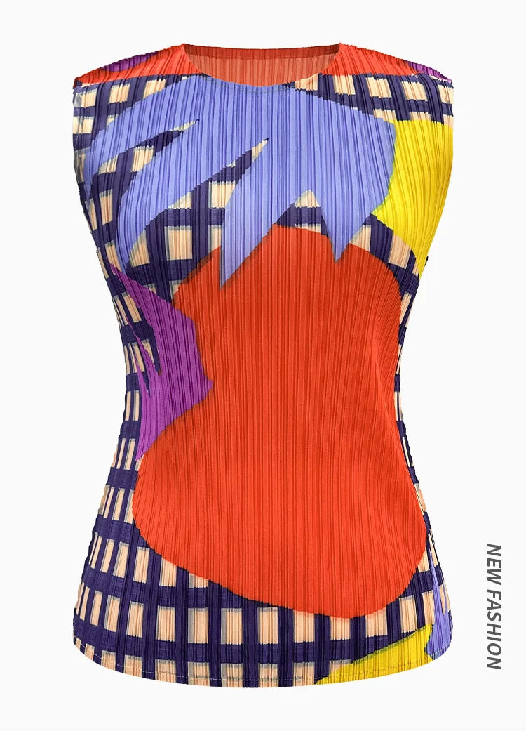 Miyake Pleated Sleeveless Vest Women's Spring and Summer New Contrast Color Geometric Print Loose Casual Fashion Round Neck Top