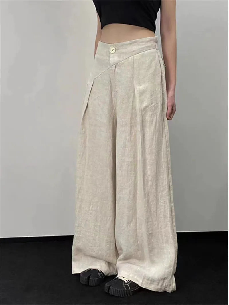 Limiguyue Japanese Cotton Linen Wide Leg Pants Women Irregular Waist Summer Pants One Button Loose Pleated Full Trousers F157