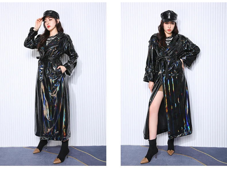Nerazzurri Autumn Extra Long Black Holographic Shiny Reflective Stretchy Soft PVC Leather Trench Coat for Women European Fashion