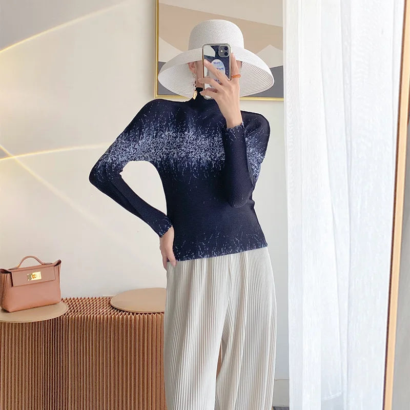 Miyake Pleated Contrasting Colors T-shirt Women Half Turtleneck Skinny Pullover 2025 Summer Fashion Female Clothing