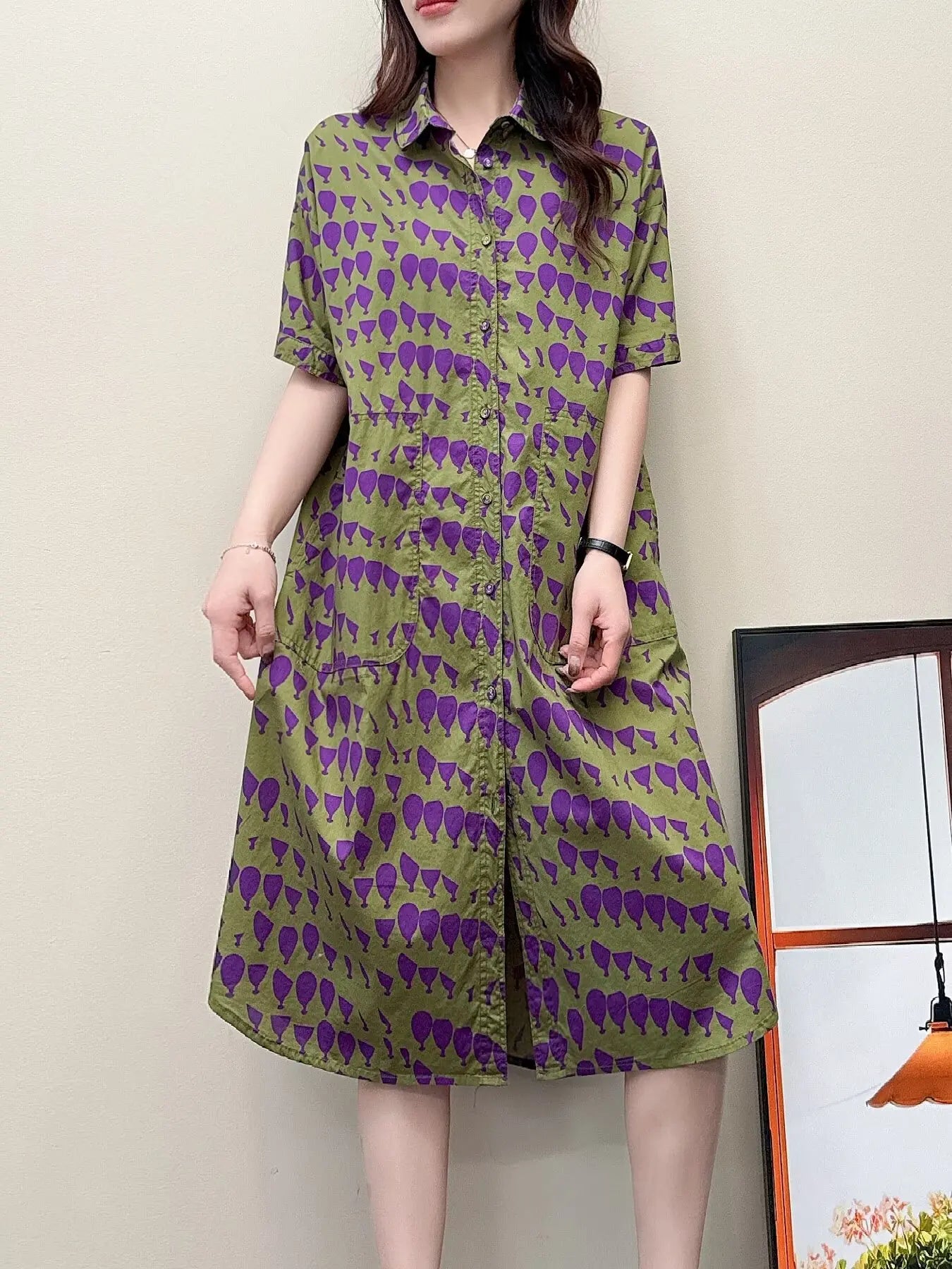 Summer dresses 2025 Japan harajuku fashion 100% cotton short sleeve green black white geometric pattern shirt dress