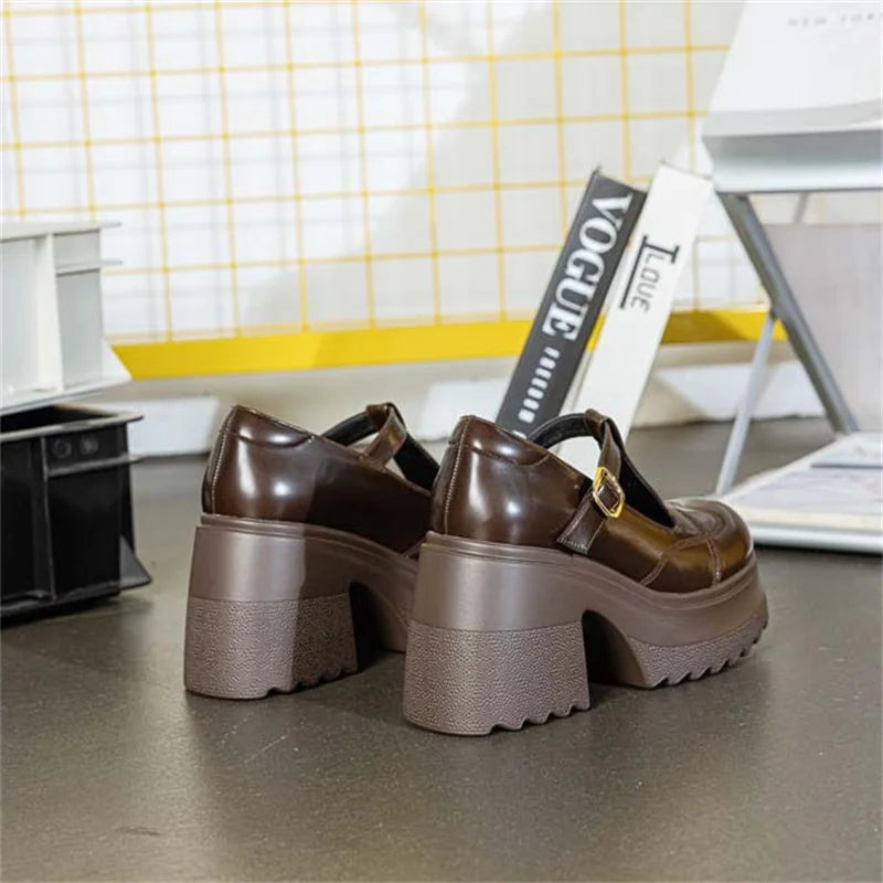 10cm Patent Leather Platform Wedge Flats Summer Chunky Heels Buckle Pumps Spring Synthetic Mary Jane High Brand Shoes