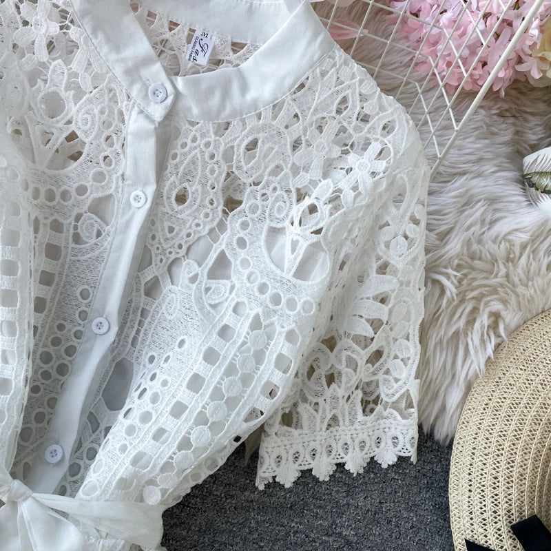 Summer Women Lace Sweet Sexy Dress Hollow Out Half High Collar Short Sleeve Single-breasted High Waist Slim Vintage Midi Dresses