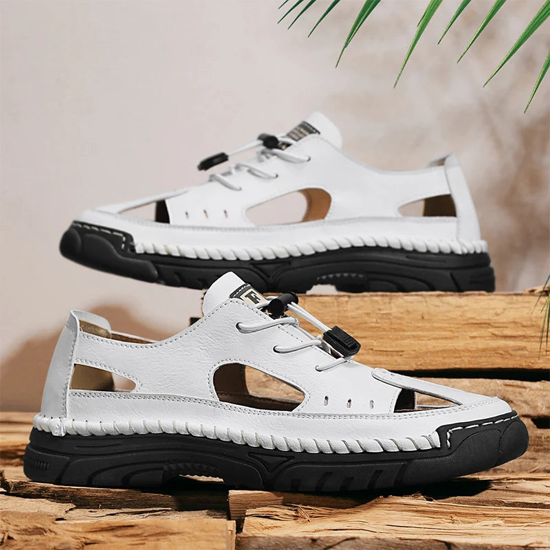 Summer Classic White Soft Bottom Handmade Stitching Beach Men's Shoes Outdoor Men's Comfortable Hollow Breathable Casual Shoes